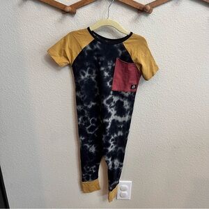RAGS Tie-Dye Black & White Romper with Mustard Sleeves and Burgundy Pocket 2T